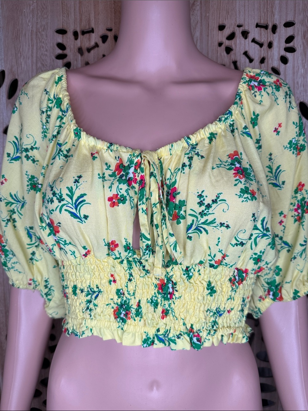 Yellow Floral Smocked Crop Blouse with Tie Neck
